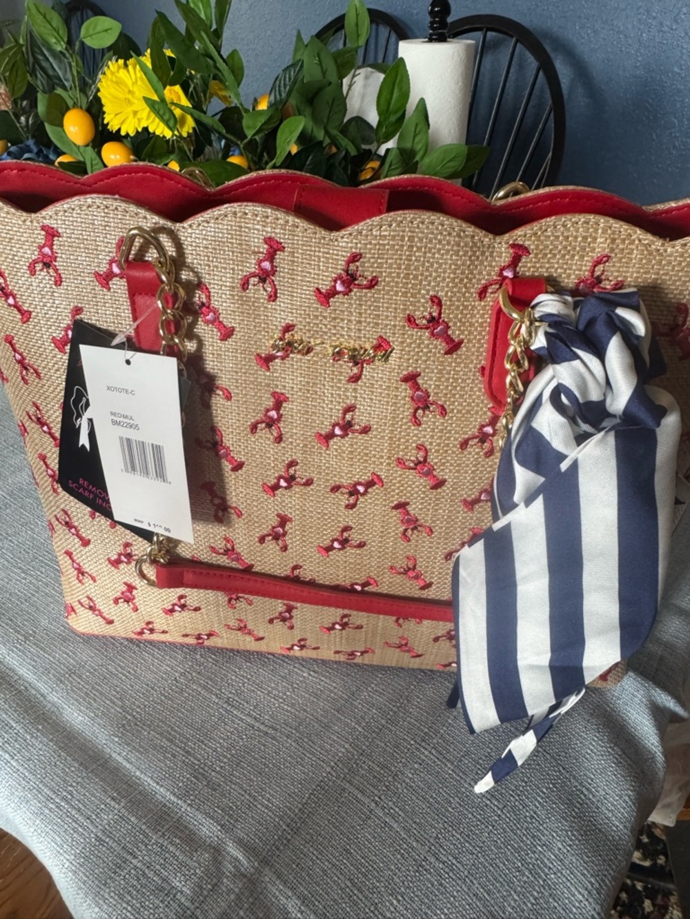 Betsey Johnson Red-Trim Lobster theme scalloped Straw Tote w Navy Stripe Scarf